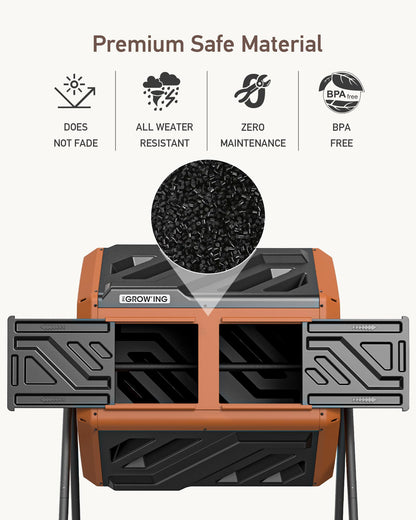 THEGROW'ING 43 Gallon Dual Chamber Compost Bin with Built-in Nuts, Outdoor Rotating Composter Tumbler for Garden Backyard, Orange