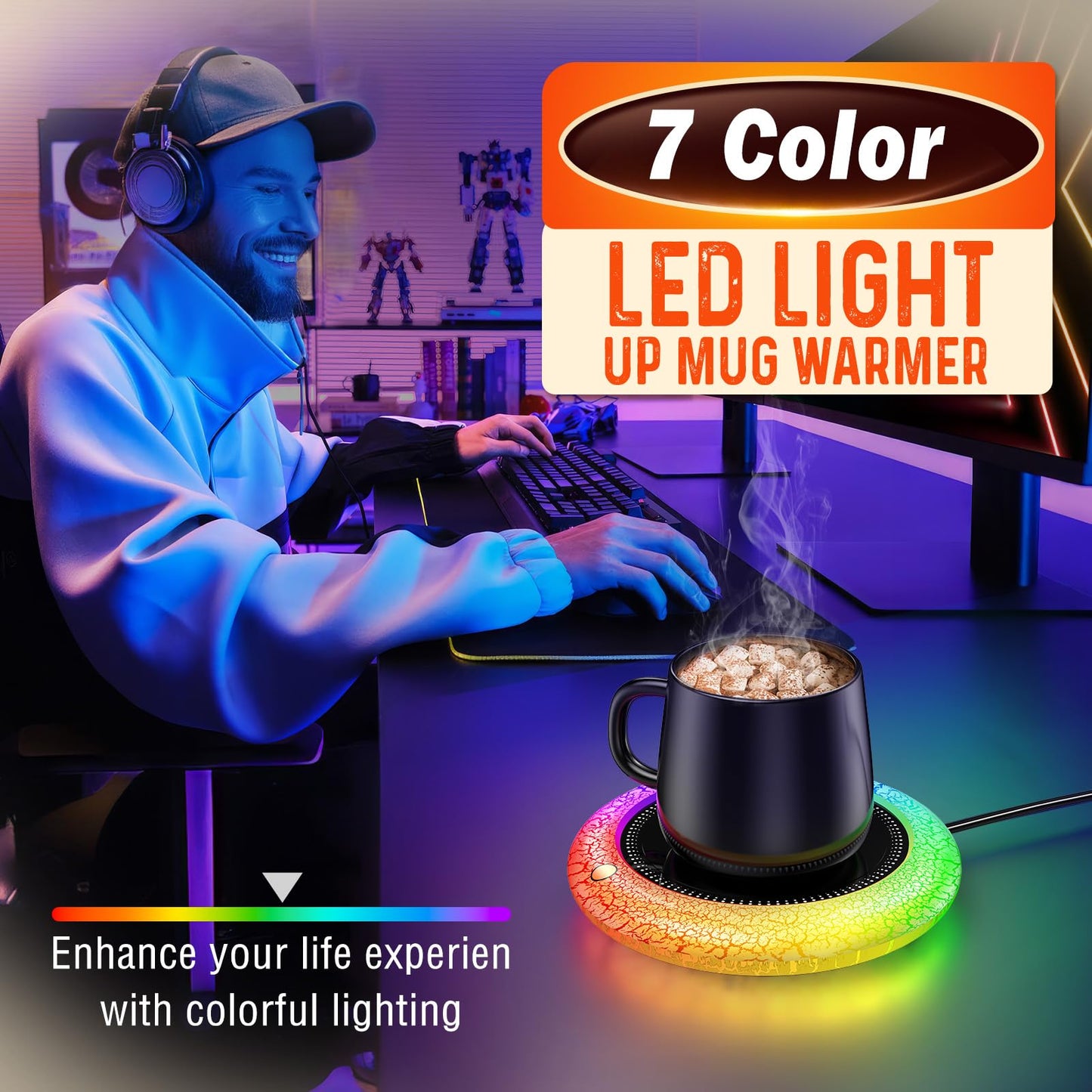 Coffee Mug Warmer with 7 LED Color Lights – Fast Heating & High Temp, Auto On/Off Gravity Sensor, Smart Electric Beverage Warmer for Coffee, Tea & More, Desk & Home Use(White)