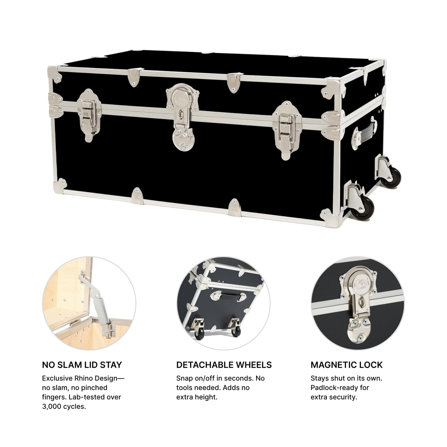 Rhino Trunk & Case Classic XXL Home Storage & College Trunk With Wheels - 36”x18”x18”, Seats 1500+ lbs, Soft-Close Lid. USA Made Secure Dorm Furniture, Organization, Steamer Style Blanket Chest