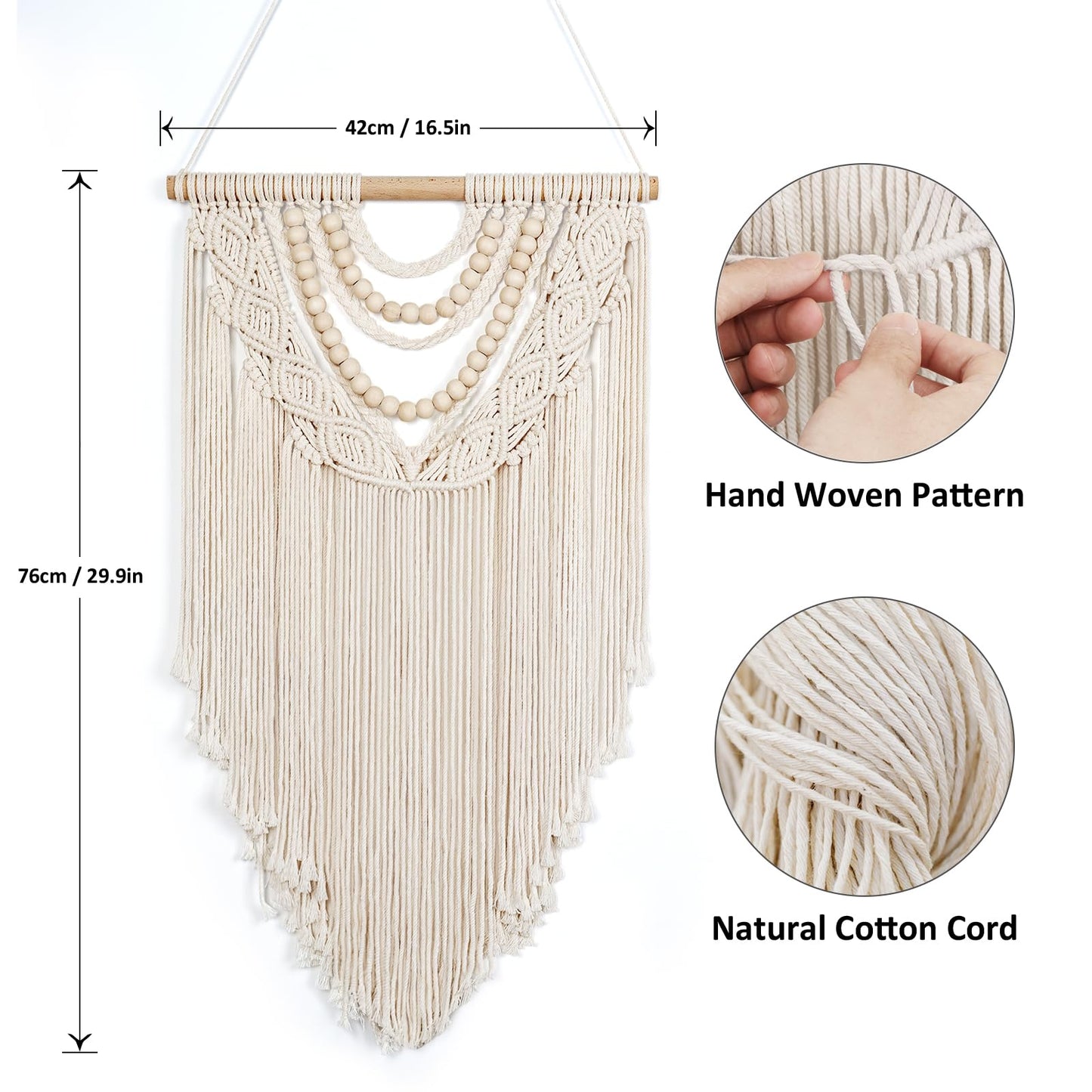 LOMOHOO Macrame Wall Hanging Boho Handmade Geometric Woven Tapestry Bohemian Wall Art Decor with Chic Wooden Beads Home Decor for Bedroom Living Room Apartment Dorm Gallery Wedding 16.5"x30"