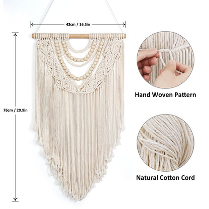 LOMOHOO Macrame Wall Hanging Boho Handmade Geometric Woven Tapestry Bohemian Wall Art Decor with Chic Wooden Beads Home Decor for Bedroom Living Room Apartment Dorm Gallery Wedding 16.5"x30"