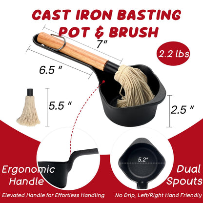 IPROUDER Cast Iron Sauce Pan and Basting Pot with BBQ Mop Brushes - Cast Iron Small Sauce Pots 2 Pcs for Grilling, Melting, Camping Cooking & Stoves - Mini Pot for Butter Melter
