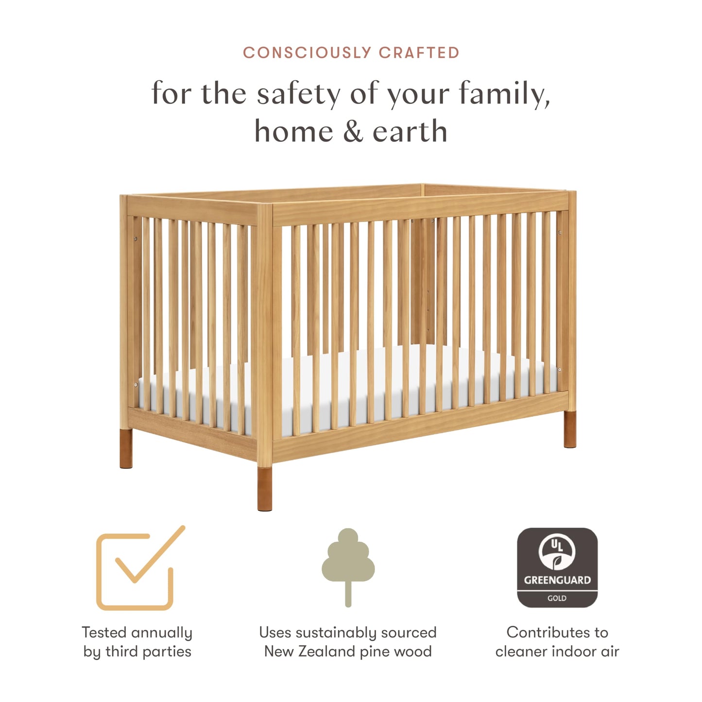 Babyletto Gelato 4-in-1 Convertible Crib with Toddler Bed Conversion in Honey with Vegan Tan Leather Feet, Greenguard Gold Certified