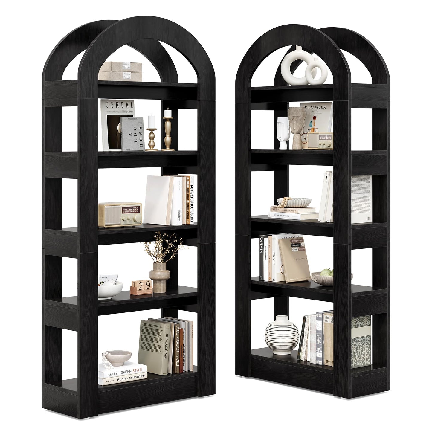 LITTLE TREE 5-Tier Bookshelf, Arch-Shaped Racks, Tall Standing Wooden Bookcase Display Shelf Modern Storage Solution (2, Black)