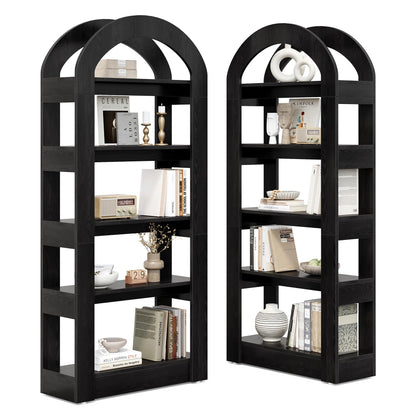 LITTLE TREE 5-Tier Bookshelf, Arch-Shaped Racks, Tall Standing Wooden Bookcase Display Shelf Modern Storage Solution (2, Black)