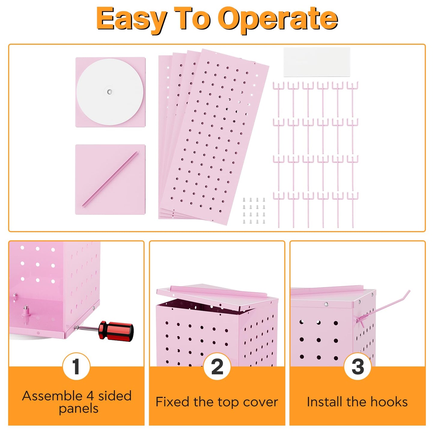 VACONICO Rotating Pegboard Display Stand with 24 Hooks, Tabletop Metal Peg Board Organizer for Craft Shows, Retail Stores, Vendors & Artists – 4-Sided Spinning Rack (Pink)