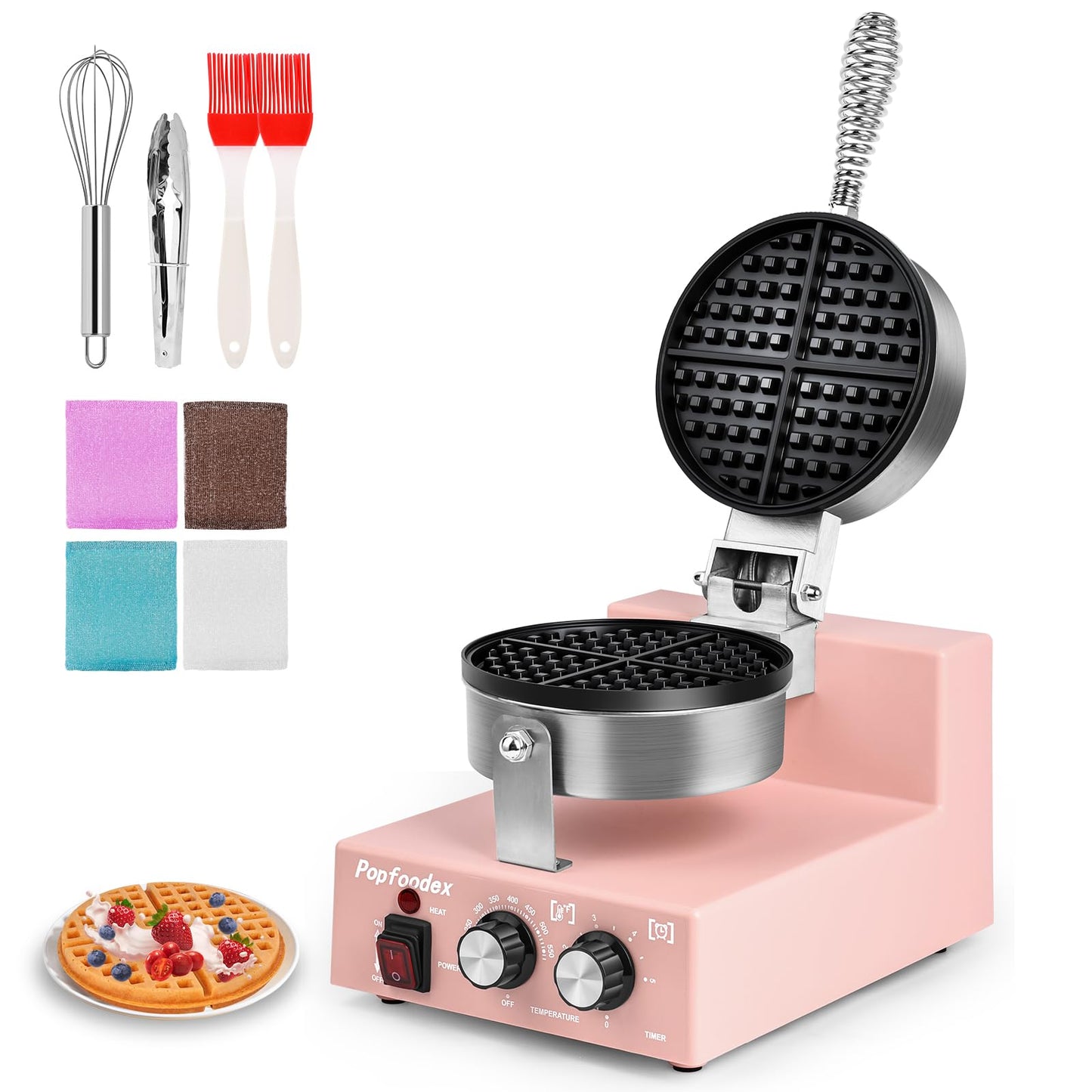 Popfoodex Commercial Waffle Maker for Restaurant, 110V Electric Waffle Maker w/Non-stick and 122–572°F Adjustable Temp, 1200W Profession Waffle Iron with Timer and Heavy Duty, Hotel Waffle Machine