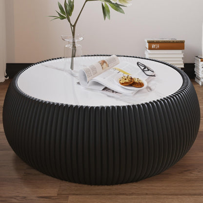 KEIKI Round Coffee Table, Mid Century Modern Tea Tables w/Marble Desktop, No Assembly Required Drum Shaped Corner Center Drink Tables, Accent Side Cafe Desk for Living Room, PU Wrapped Frame, Black