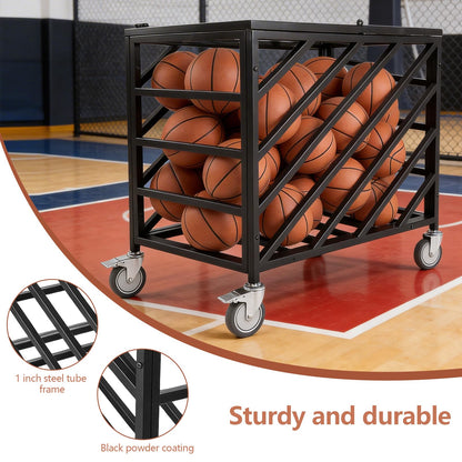 Ball Cart with Wheels Rolling Basketball Rack with Lockable Lid Balls Storage Locker for Volleyball Gym Recess Soccer Playground