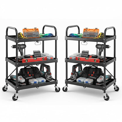 DUMOS 3-Tier Folding Utility Cart Set of 2, Collapsible Service Cart with 4 Swivel Wheels and Brakes, 120LBS Capacity & Collapsible Storage Rolling Cart for Kitchen, Office, Garden, Garage, Pure Black