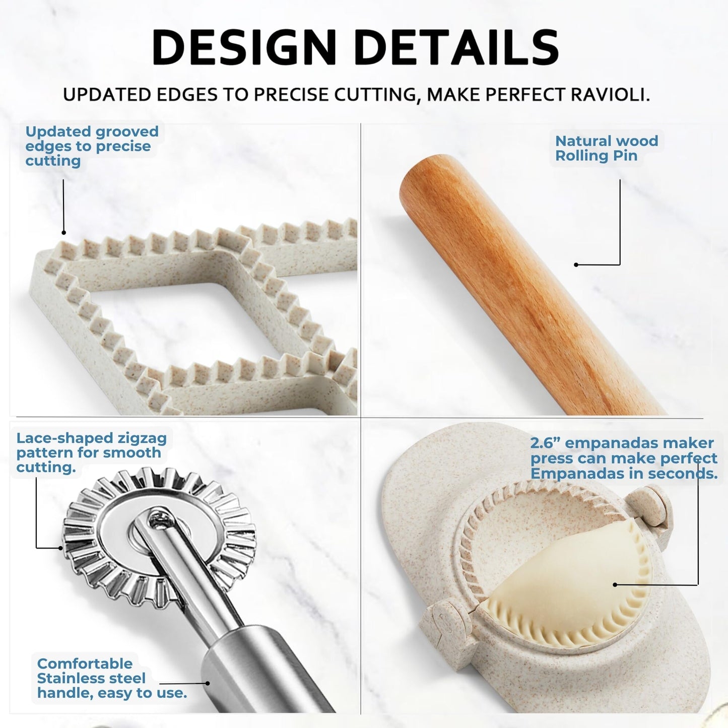 MUMSUNG Ravioli Maker Press, Ravioli Press Mold Set - 1.85" Squares Ravioli Stamp Maker Cutter with Wood Rolling Pin, 2.6" Empanada Maker Press Kit and Ravioli Wheel, Makes 8 Ravioli