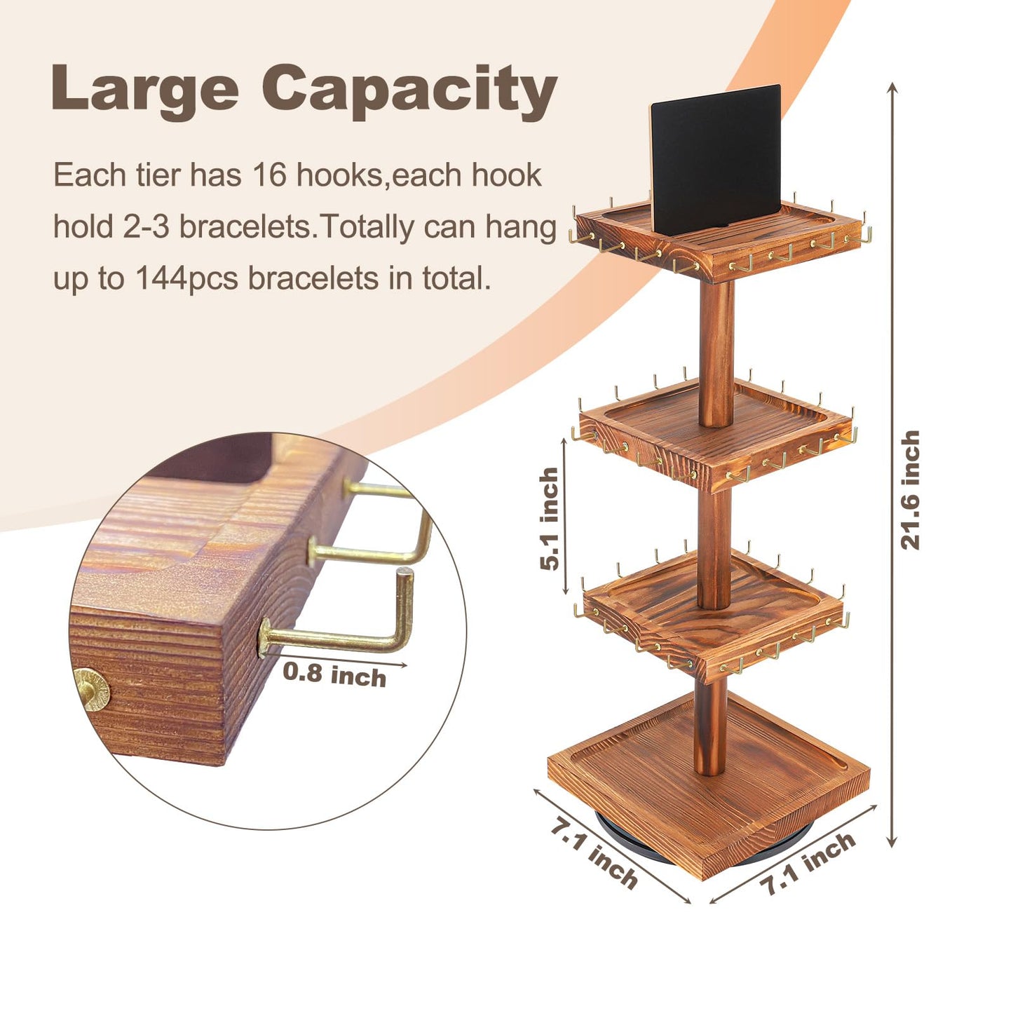 BDBDYEAY Bracelet Holder, 360° Rotating Jewelry Holder Organzier with Tray, Wooden Jewelry Tower with 48 Hooks, 4-Tier Large Capacity Jewelry Display Stand for Vendors Sell Bracelet Keychain Earring