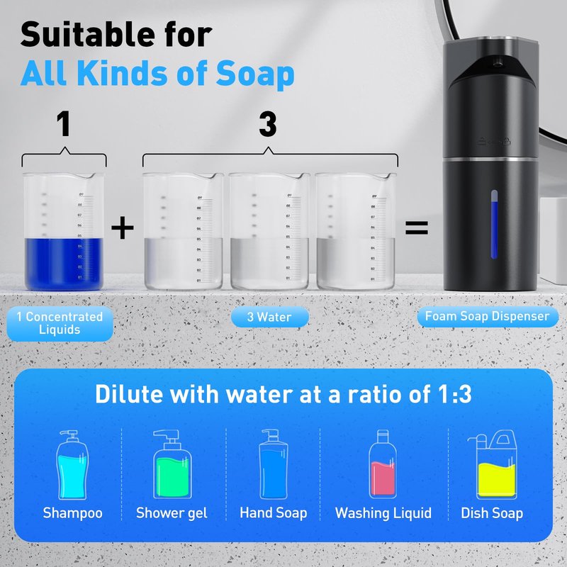 Fantictas Automatic Soap Dispenser,Touchless Hand Wall Mount Rechargeable 3 Gear Adjustable Electric Soap Dispenser 350ml with Infrared Motion Sensor for Bathroom,Kitchen,Office, Black Foam