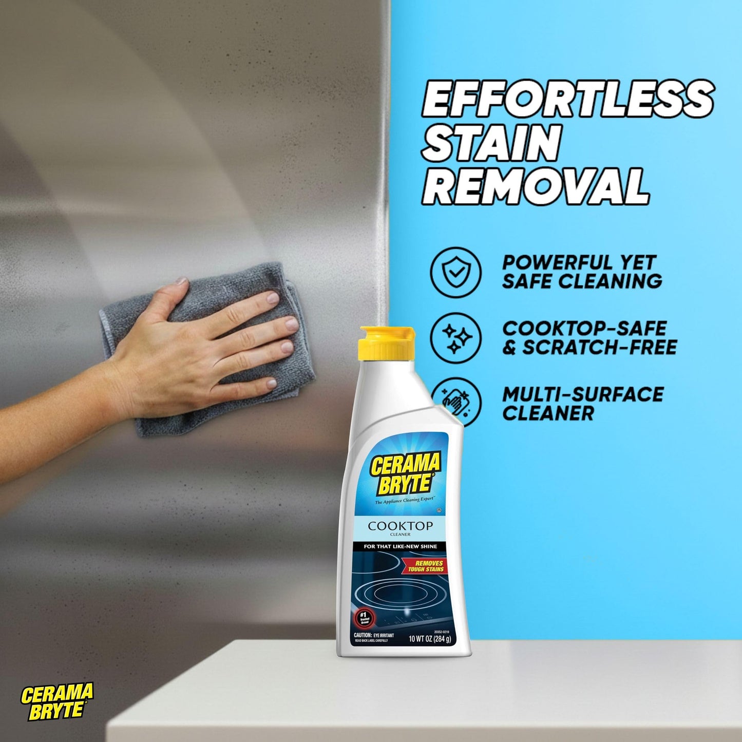 Cerama Bryte Glass Cooktop and Stove Top Cleaner Combo Kit - Includes Cleaning Tool, Razor, Scraper and 1 Pad to Remove Tough Stains - Use on Gas, Electric, Ceramic Surfaces, 10 Ounces, 4 Piece