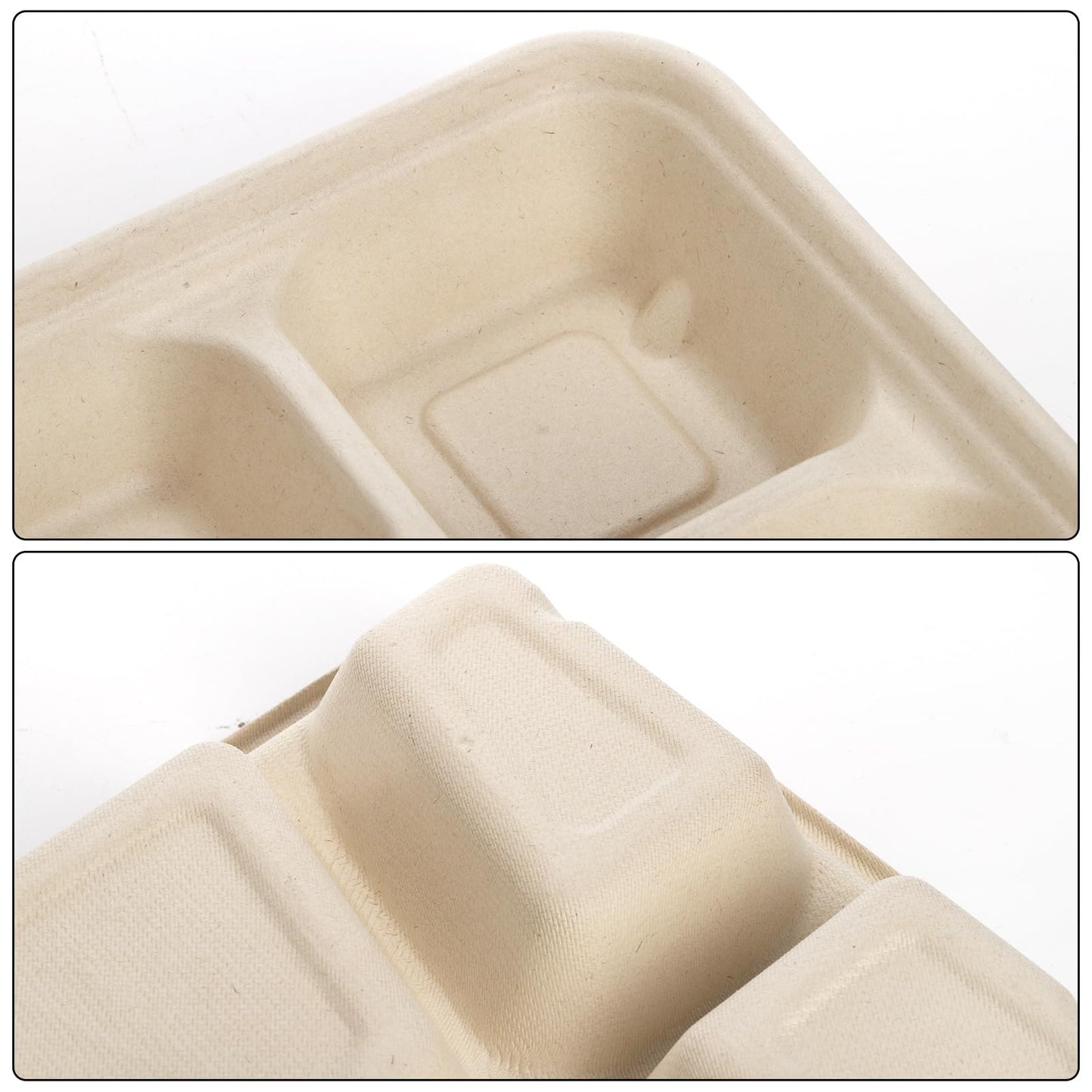 Peohud 50 Pack 6 Compartment Disposable Paper Plates, Bagasse School Lunch Tray, Heavy-Duty Sugarcane Plates, Microwavable Safe