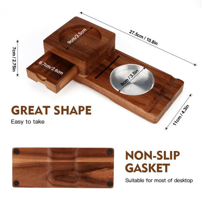 Scotte Ashtray Coaster Whiskey Glass Tray & Wooden Ash Tray with Cigar Cutter, Includes Drawer and Cigar Slot - Great for Home, Office or Outdoor Use (Deep Brown)