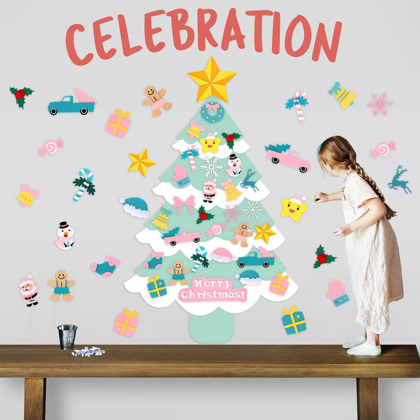 JarThenaAMCS Felt Christmas Tree with Ornaments Boho Green & Pink Xmas Tree DIY Crafts Set for Classroom Home Wall Door Hanging Decorations
