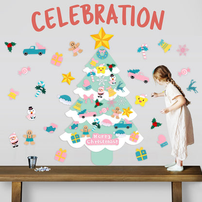JarThenaAMCS Felt Christmas Tree with Ornaments Boho Green & Pink Xmas Tree DIY Crafts Set for Classroom Home Wall Door Hanging Decorations