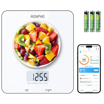 RENPHO Food Scale with Nutritional Calculator, Digital Kitchen Scale for Weight Loss, Smart Food Weight Scale with App for Macro Keto Calorie Cooking, Grams and Ounces, White, 11lb/5kg