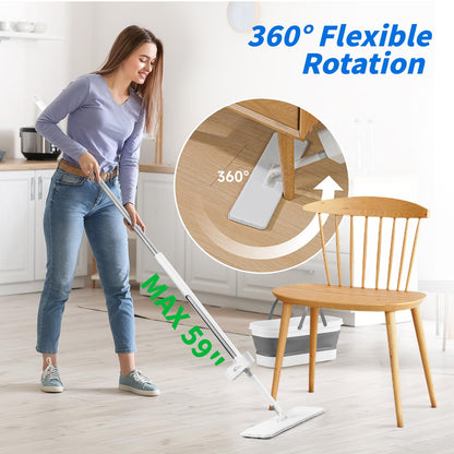 Oshang Flat Mop and Collapsible Bucket OG7 with Wheels, 2 Washable Reusable Microfiber Pads, Pure White
