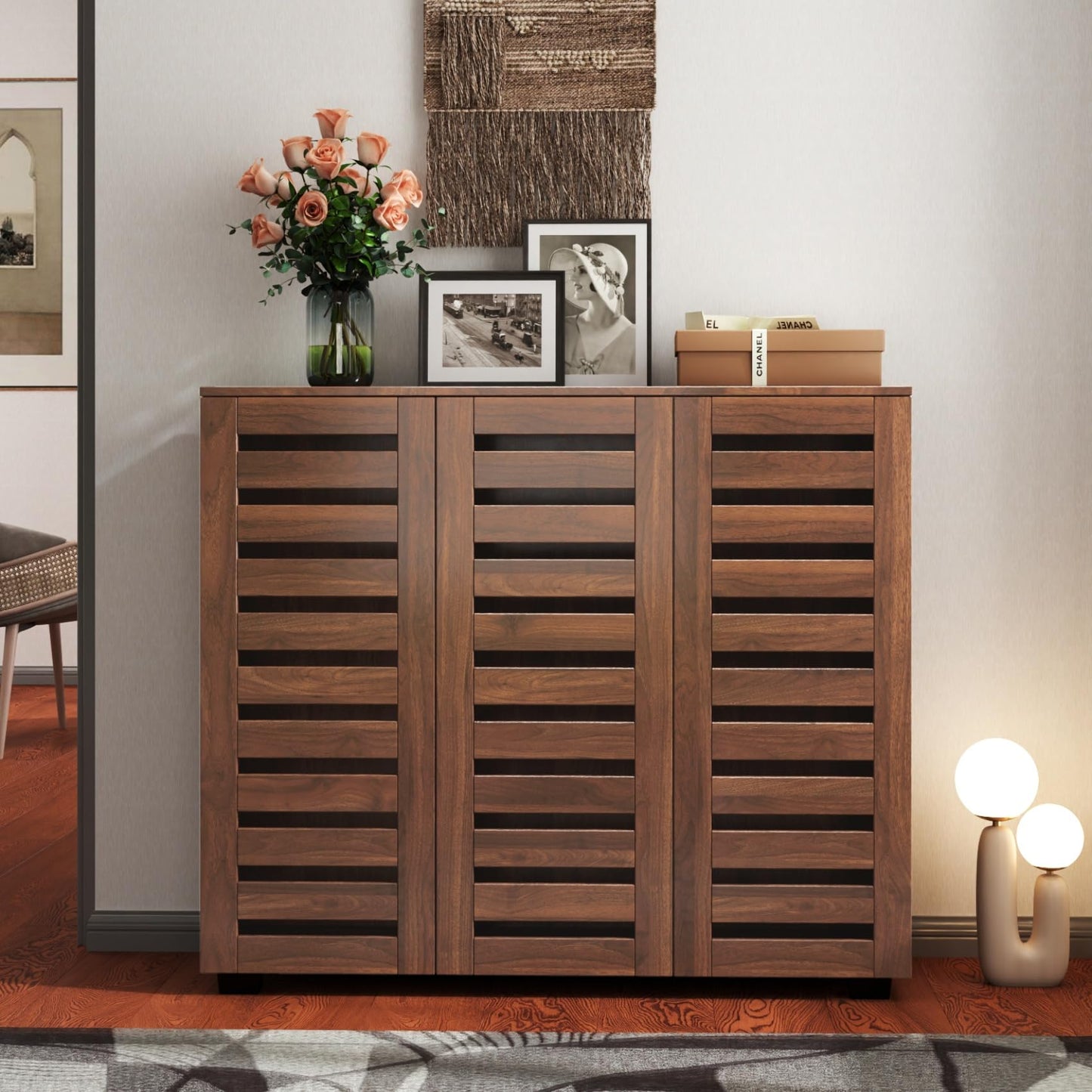 KEIKI 44.88'' Wooden Shoe Cabinet Storage for Entryway with 3 Louvered Door, Freestanding Sideboard Buffet Table Organizer for Hallway, Living Room, Adjustable 4-Tier Shelves, Walnut