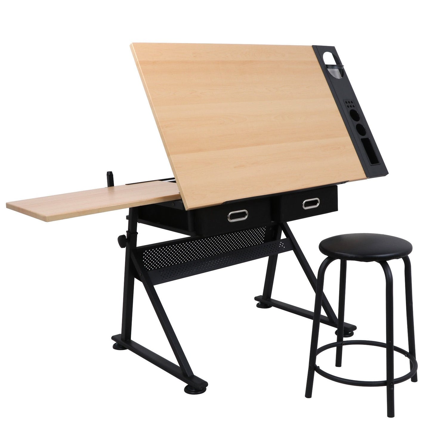 Cirocco Height Adjustable Drawing Drafting Table Desk w/Drawer Chair Stool | Tiltable Board Tabletop Office Workstation Durable Ergonomic Wide Ample Storage for Crafting Reading Painting Writing Art