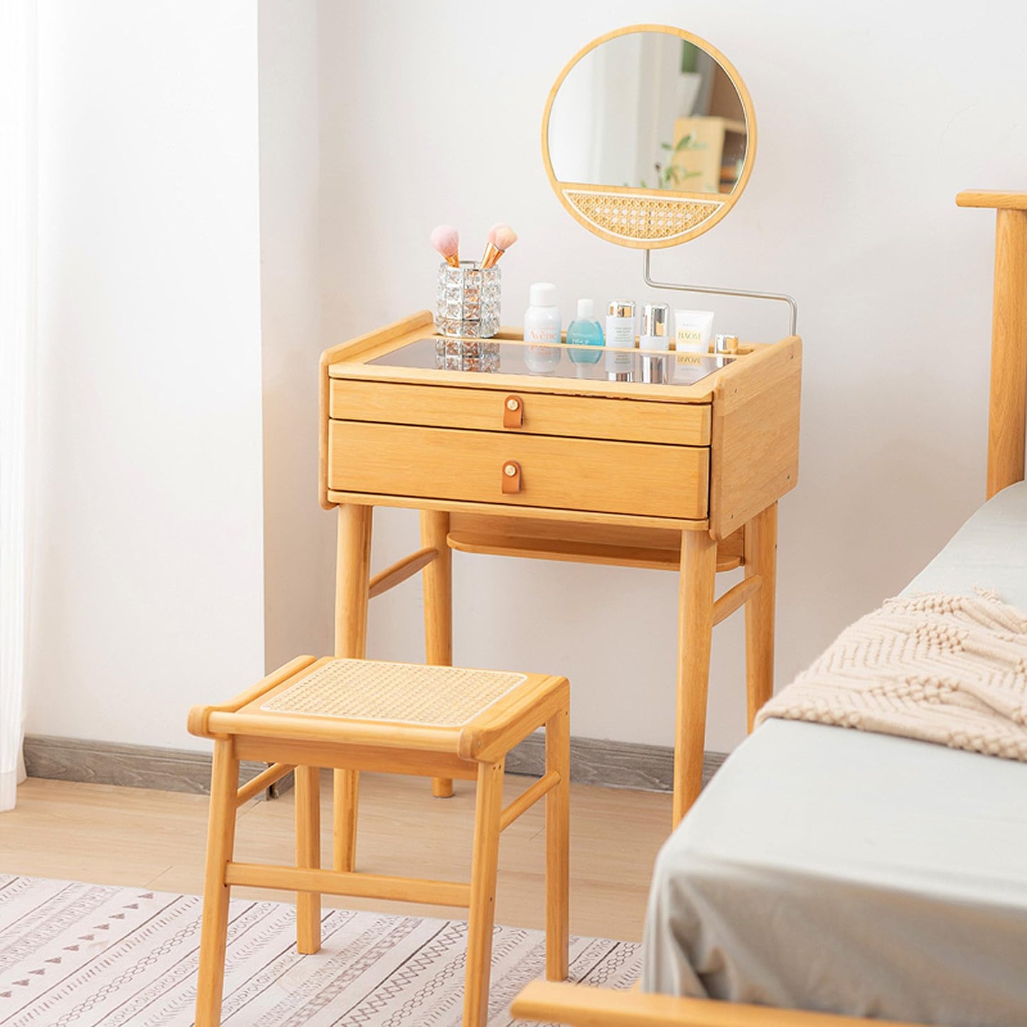 CHEFJOY Boho Vanity Desk with Mirror, Bamboo Makeup Vanity Table & Stool Set with 2 Storage Drawers & Tempered Glass Table Top, Small Dressing Table Set for Bedroom, Living Room