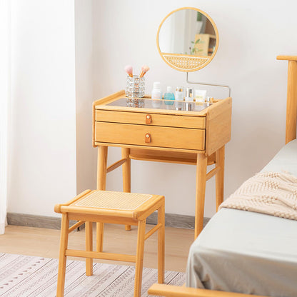 CHEFJOY Boho Vanity Desk with Mirror, Bamboo Makeup Vanity Table & Stool Set with 2 Storage Drawers & Tempered Glass Table Top, Small Dressing Table Set for Bedroom, Living Room