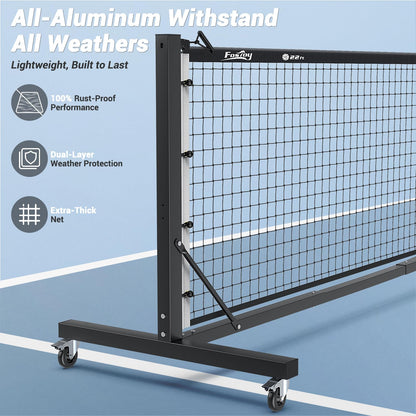 Fostoy Pro Aluminum Pickleball Net with Carbon Fiber Paddle, Dual-Side Tension Lock System, Locking Wheels, 22FT Tournament Regulation Size for Outdoor Court, Driveway & Gym, Easy Setup, Carry Bag