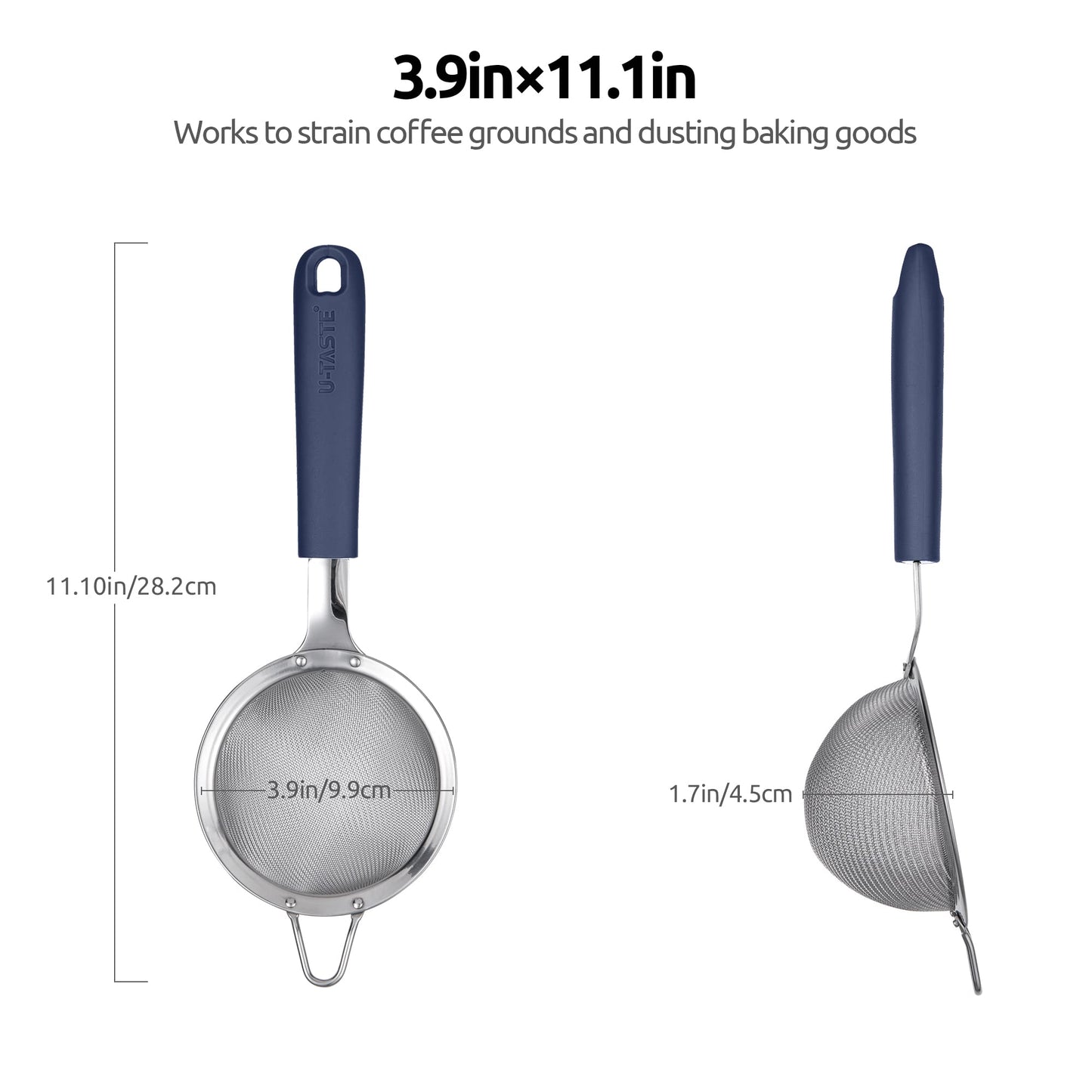18/8 Stainless Steel Mesh Strainer: U-Taste 3.9 Inch Kitchen Fine Mesh Sieve Food Colander with Riveted Sturdy Silicone Handle and 30 Mesh Hole for Straining Flour, Quinoa, Tea, Juice (Midnight Blue)