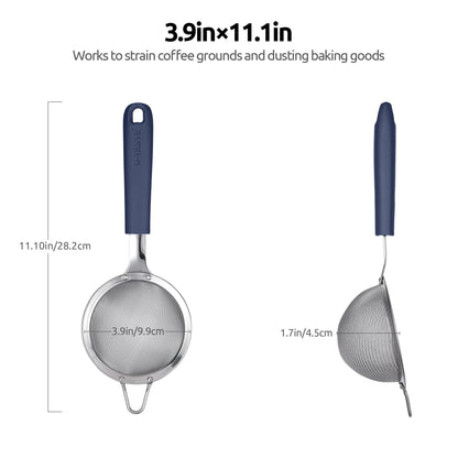 18/8 Stainless Steel Mesh Strainer: U-Taste 3.9 Inch Kitchen Fine Mesh Sieve Food Colander with Riveted Sturdy Silicone Handle and 30 Mesh Hole for Straining Flour, Quinoa, Tea, Juice (Midnight Blue)