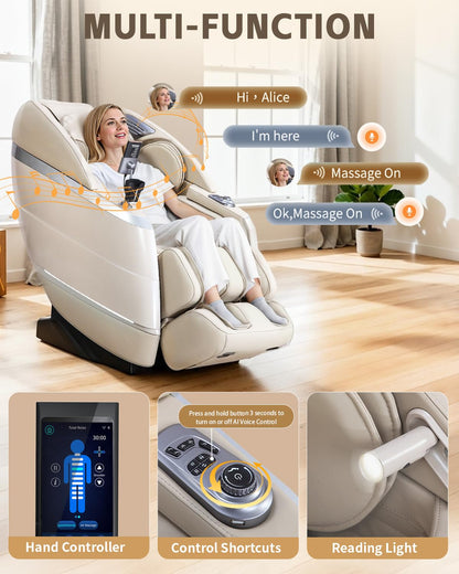 RelaxRelife 4D Full Body Massage Chair with Flexible 166° Track, Reading Light, 18 Massage Modes, 11 Techniques, 36 Airbags, Zero Gravity Recliner with Yoga Stretch and Foot Massage Beige