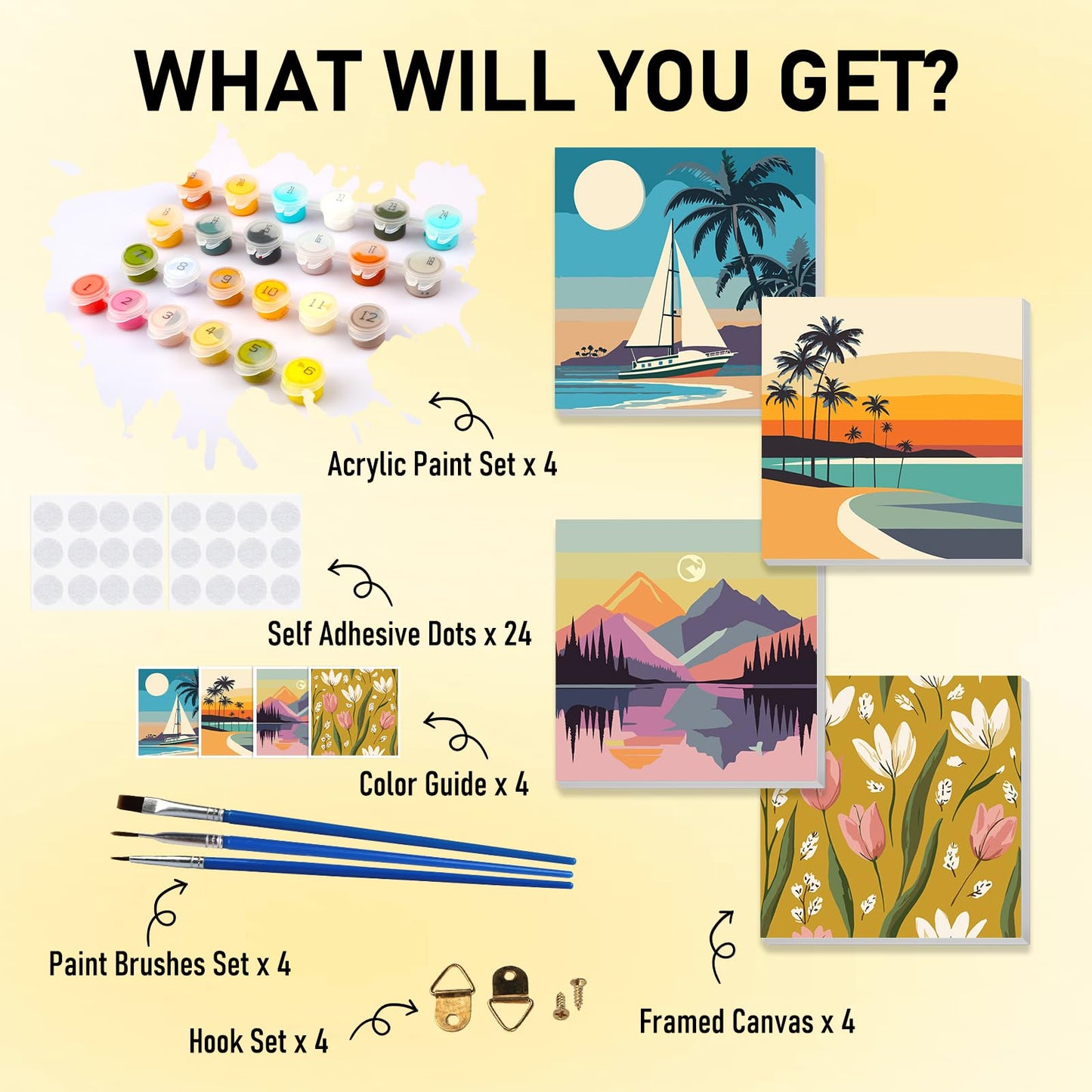 HEIBAGO Framed Paint by Numbers kit for Kids, 4 Pack Sunset Paint by Numbers for Kids Ages 8-12, Beach Paint by Numbers Kits Children Beginner, DIY Acrylic Oil Painting for Home Wall Decor 8x8 inch