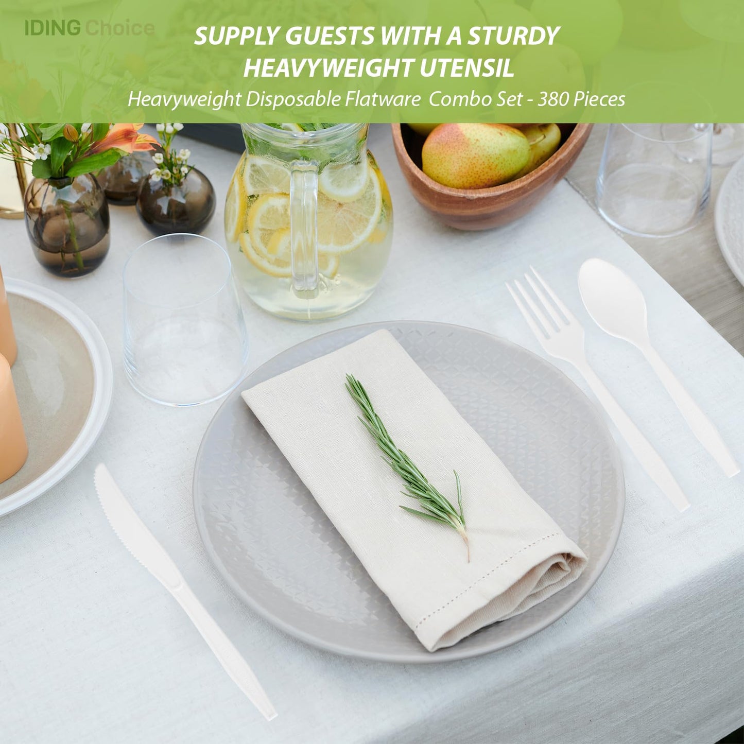 IDING Choice 380 Count Heavy Duty Compostable Cutlery Set 140 plastic forks 120 spoons 120 knives eco-friendly no plastic silverware compostable utensils for Weddings, Parties, Office, Camping, Picnic