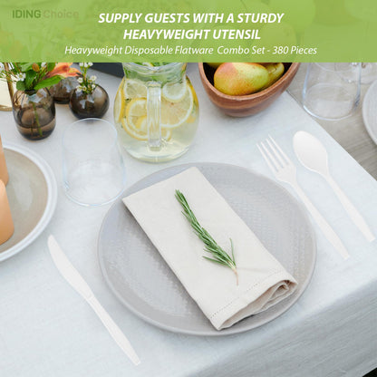 IDING Choice 380 Count Heavy Duty Compostable Cutlery Set 140 plastic forks 120 spoons 120 knives eco-friendly no plastic silverware compostable utensils for Weddings, Parties, Office, Camping, Picnic