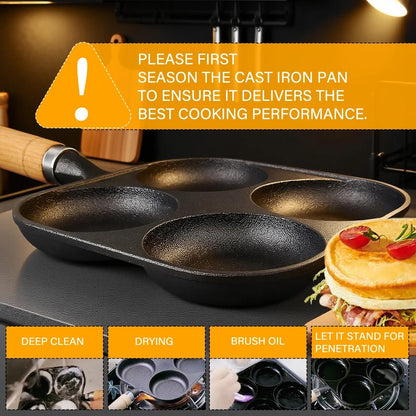 Cast Iron 4-Cup Egg Pan, Small Omelette Pan, Fast Breakfast Pan for Fried Eggs, Pancakes, Sandwich, & Burger, Suitable for Gas Stove and Induction Cooktop, Natural Nonstick with Seasoning, 6.6 inch