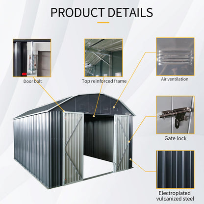10x12 FT Outdoor Metal Storage Shed with Sloped Roof, Lockable Double Doors, 8 Air Vents, Galvanized Steel Garden Shed, Weather-Resistant Tool Storage House with Easy Assembly for Backyard Patio Lawn