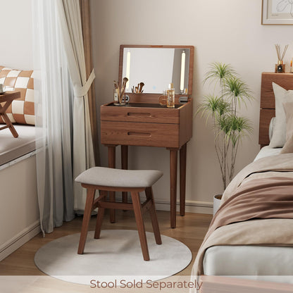Muwuele Solid Wood Small Vanity Desk with Mirror and Lights, Narrow Makeup Vanity for Small Space, Flip Top Vanity Side Table, 3 Color Modes & Adjustable Brightness, 19.6" Slim Dressing Table, Walnut
