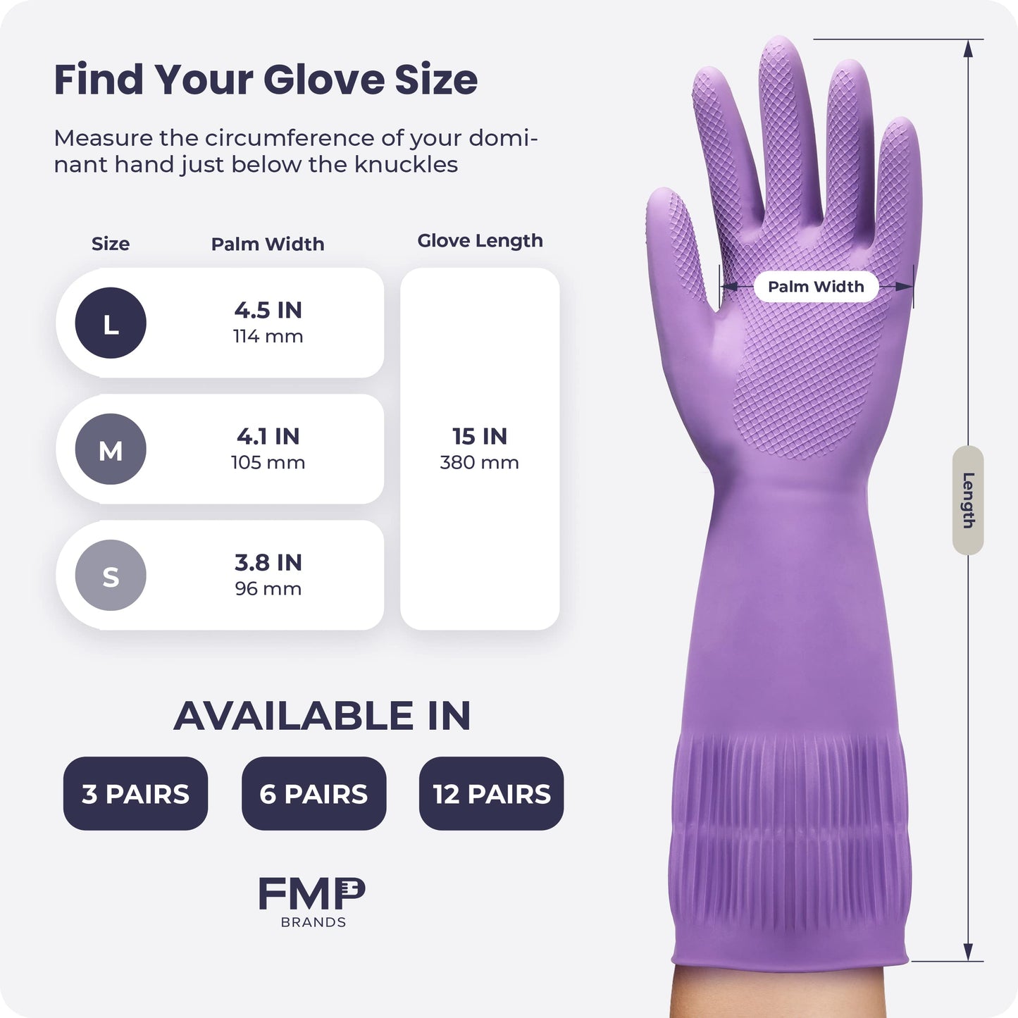 FMP Brands Dishwashing Gloves, 12 Pairs, 15 Inch Extra Long Rubber Gloves for Washing Dishes, Non-Slip Design, Medium, Purple