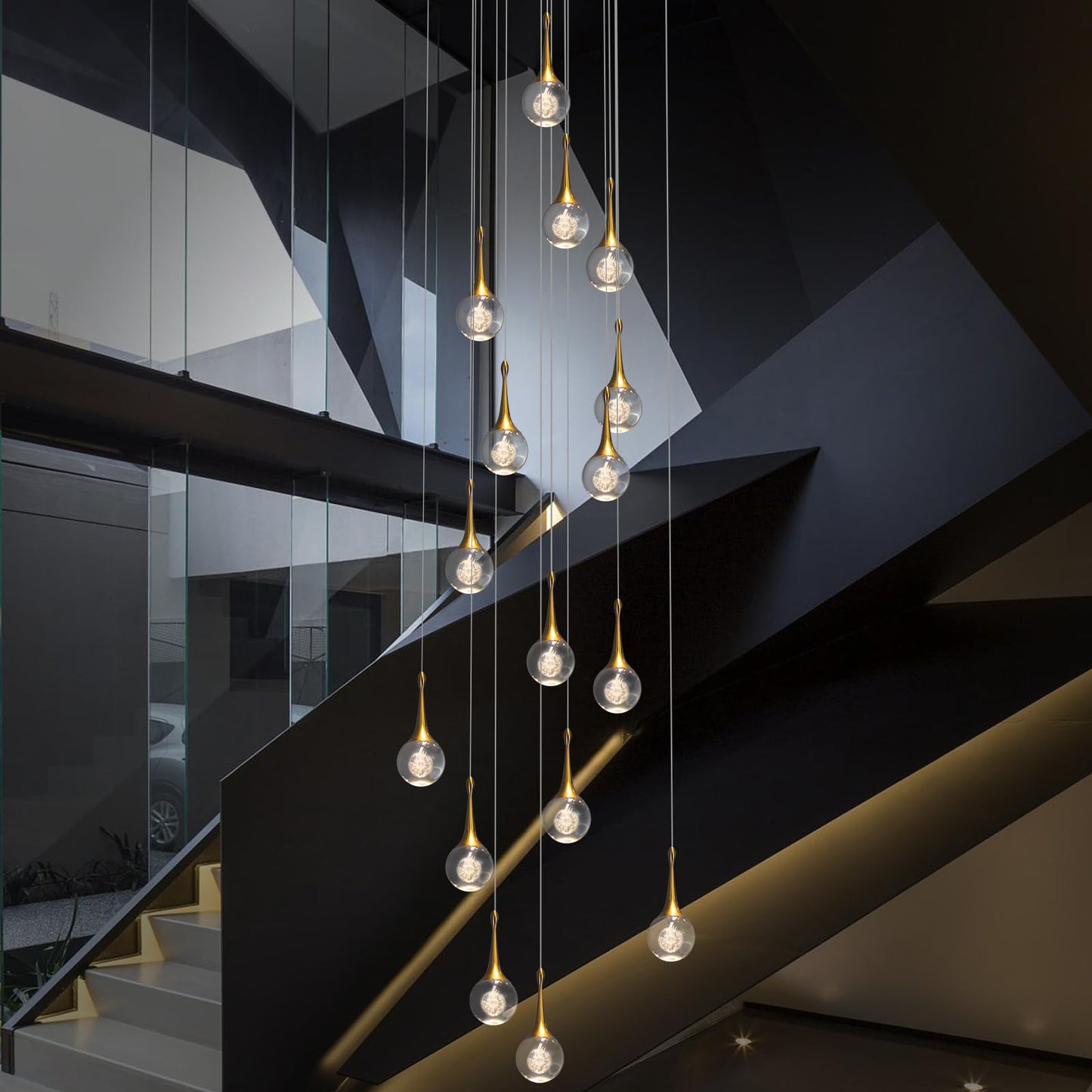 GINSENGLUX Gold LED Staircase Chandelier for High Ceiling, Gold LED Dimmable Remote, Modern Crystal Teardrop Long Hanging Pendant Light for Stairwell Living Room Entryway Stair Foyer, H118in 16 Lights