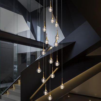 GINSENGLUX Gold LED Staircase Chandelier for High Ceiling, Gold LED Dimmable Remote, Modern Crystal Teardrop Long Hanging Pendant Light for Stairwell Living Room Entryway Stair Foyer, H118in 16 Lights