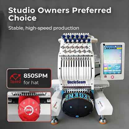 UncleSeam 15-Needle Commercial Embroidery Machine, 12"x 8" Embroidery Area, Easy to Use for Flat Embroidery, Hats, T-Shirts, Auto Color Change & Trim, Supports WiFi/USB Transfer (15-Needle with Stand)