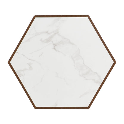Merax Rustic Retro Coffee Table with 2 Hidden Drawers, Hexagonal Wooden Living Room Table with Textured White Marble Tops, Walunt Oak Finish