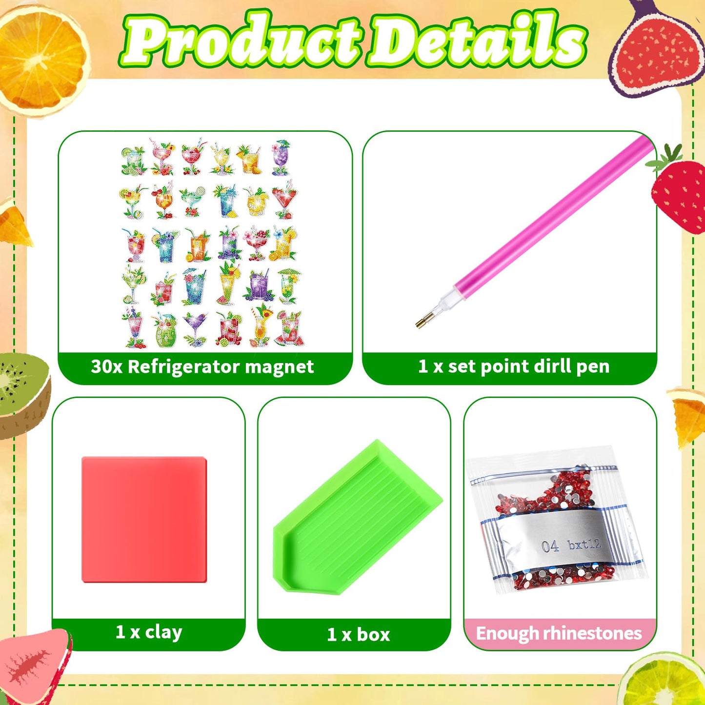 Remuuly 30 Pcs Cocktail Diamond Painting Magnets, Summer Diamond Art Magnet Kits for Adults, Tropical Drink 5D Rhinestones Gem Refrigerator Magnetic Stickers for Beginner, DIY Crafts, Fridge Gifts