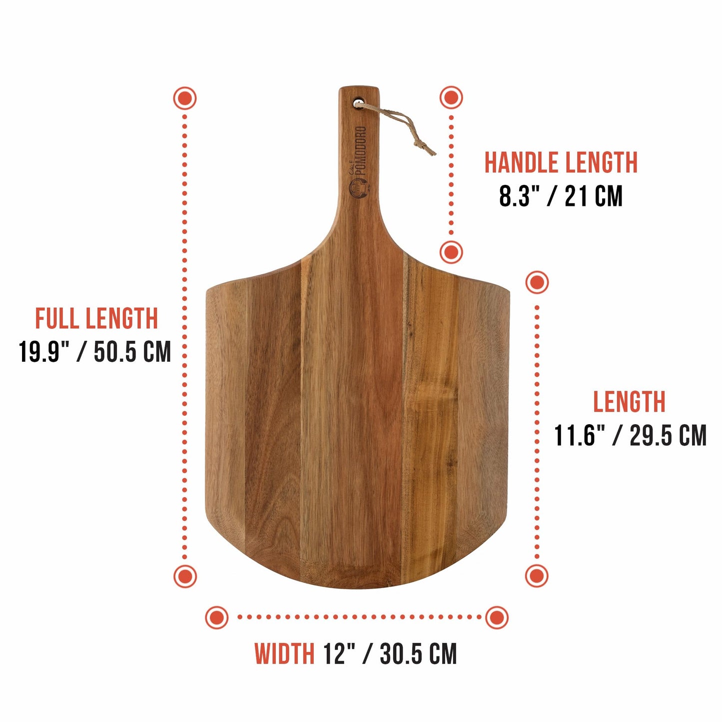 Chef Pomodoro 12-inch Acacia Pizza Peel, Wooden Pizza Peel 12 Inch, Homemade Wood Pizza Peel, Pizza Peel with Handle, Pizza Oven Accessories, Spatula Gourmet