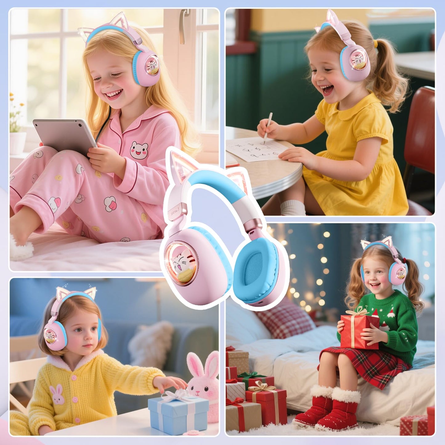 esonstyle Kids Headphones Cat Ear - Bluetooth 5.4 Over-Ear Noise Cancelling Headphones with Microphone LED Lights Up 85dB Safe Volume Limit Wireless or 3.5mm Wired USB C(Pink Blue)