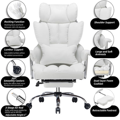 Efomao Big and Tall Office Chair 400lbs – High Back Executive Chair with Swivel Base, PU Leather Upholstery, Lumbar Pillow, Padded Armrests, and Rolling Wheels，White Computer Chair