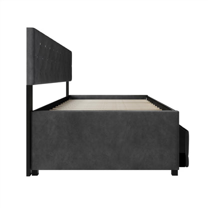 HOME DESIGN Darcey Velvet Upholstered Twin Daybed with Trundle, Tufted Guest Bed Frame, Modern Versatile Seating and Sleeping Solution – Dark Grey