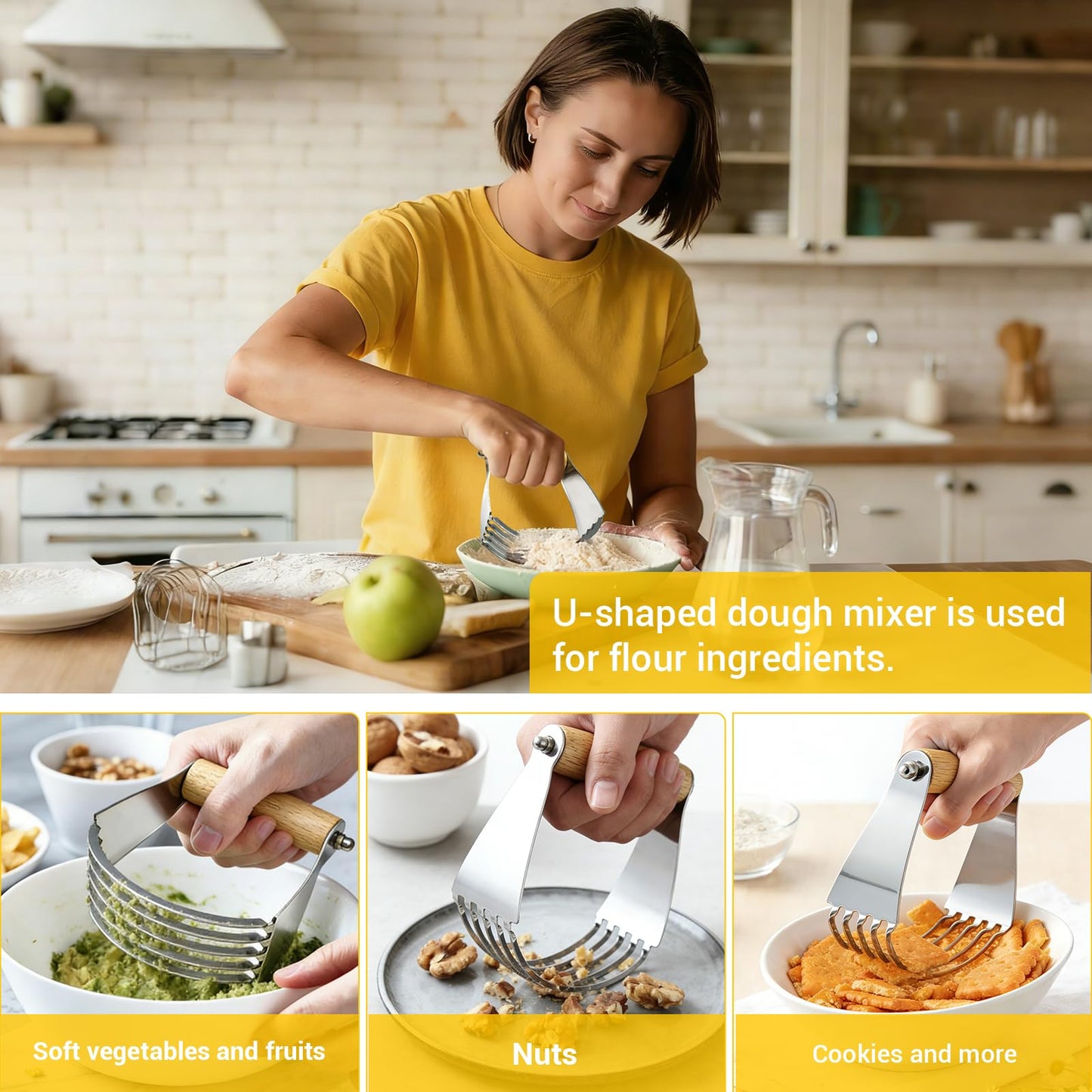 AACGIN 3 PCS Dough Pastry Cutter Scraper Blender Set with Stainless Steel Blades and Comfortable Wood Handle for Biscuit Butter Pie Nut Crust Kitchen Baking Supplies