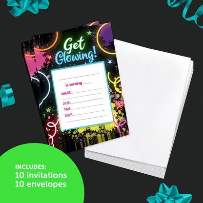 Desert Cactus Neon Happy Birthday Invitations - Invite Cards (10 Count) with Envelopes for Kids Party